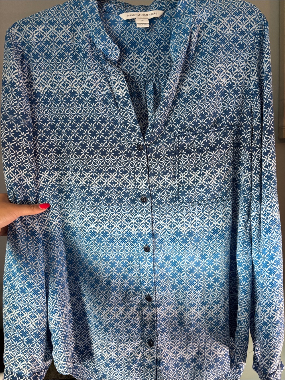 Diane Von Furstenberg Blue and White Printed Button-Down Blouse - Picture 7 of 12